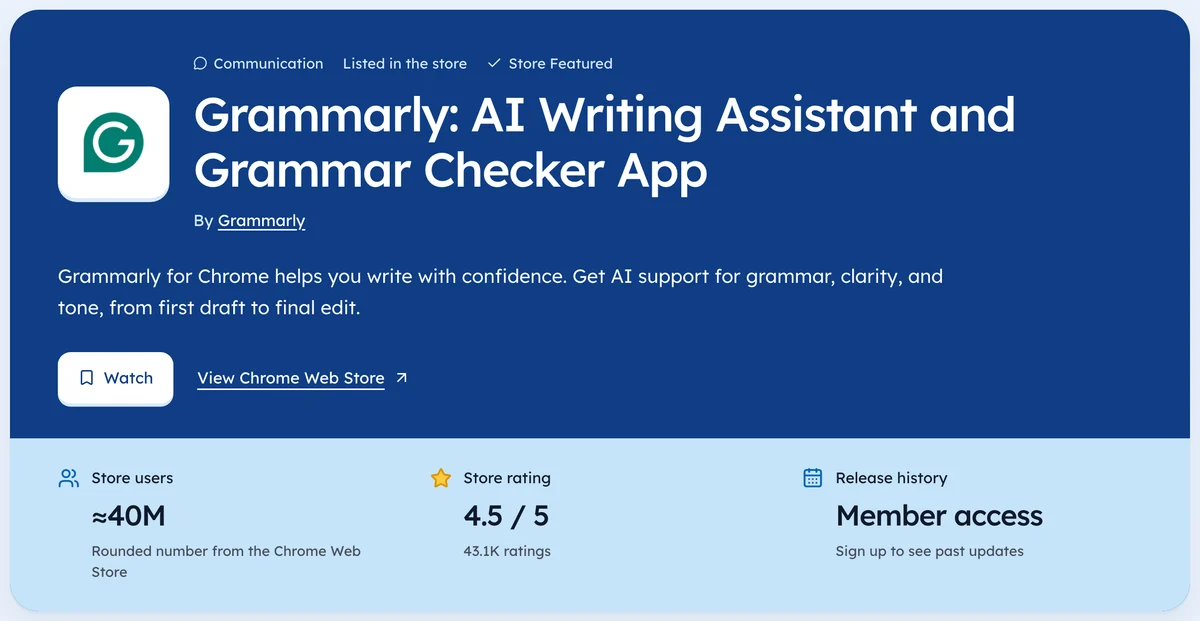 An Ext Watch extension page: users, rating, version history and permission changes for one listing