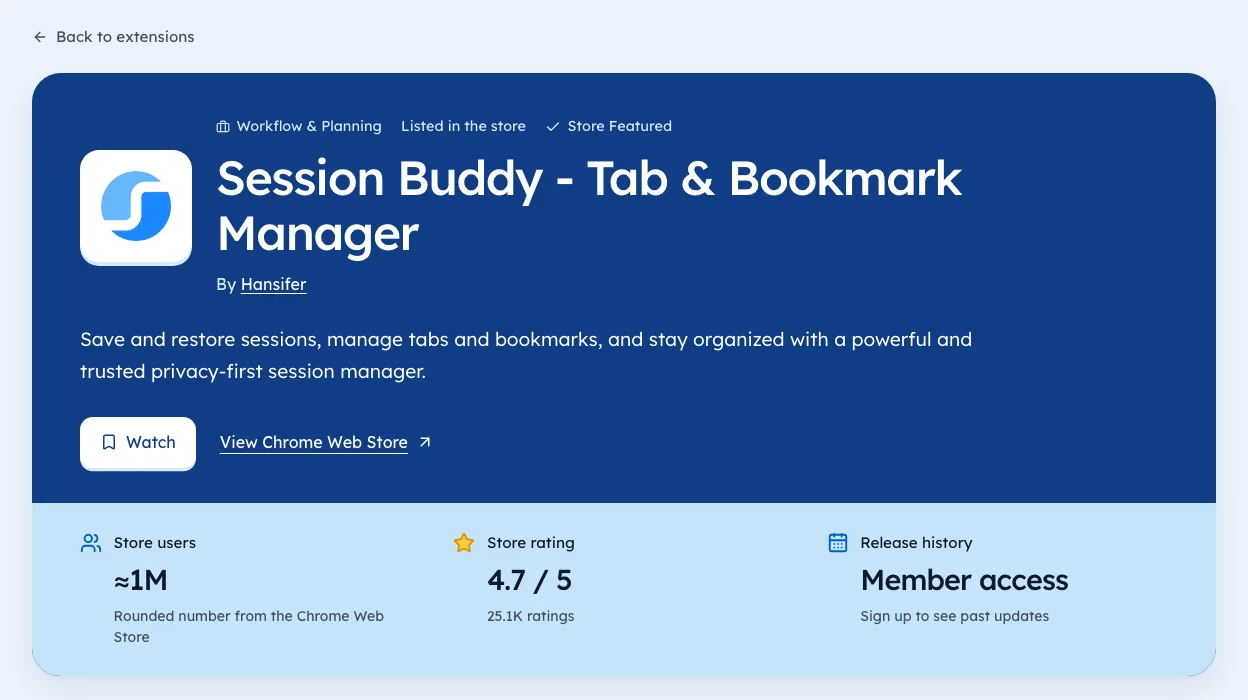 An Ext Watch extension page for Session Buddy showing store users, rating and release history